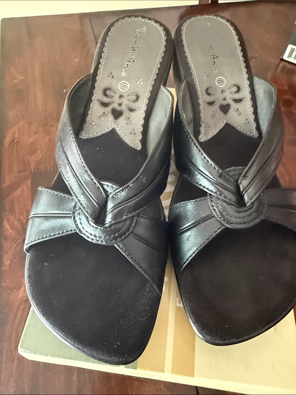 Thom McAn Black Knotted Strap Slip-On Sandals leather